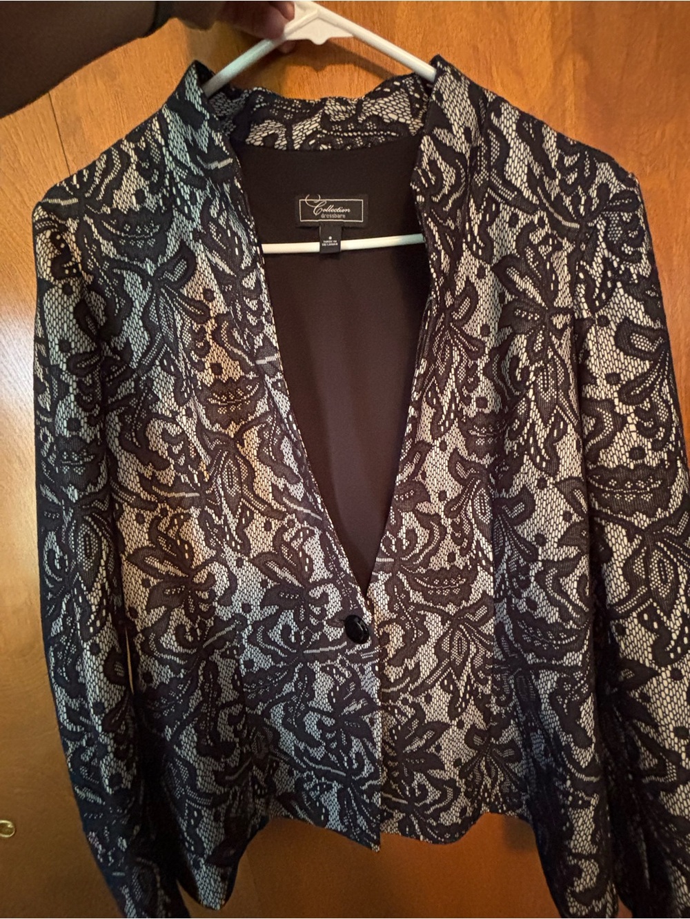 dressbarn Black and Cream Lace-Pattern Blazer
